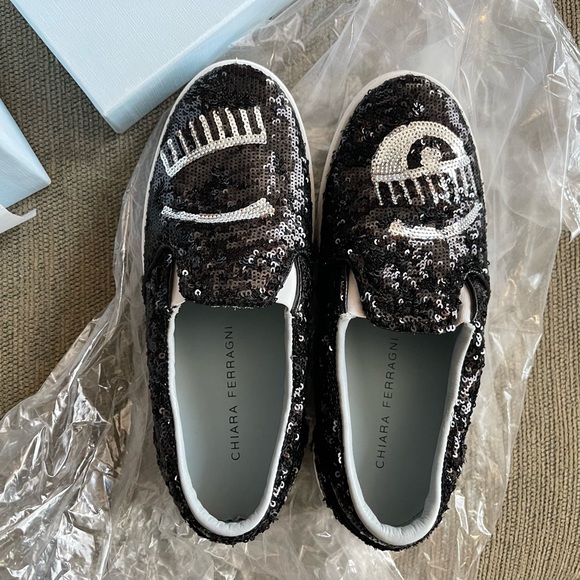 NIB $395 Chiara Ferragni Black/Silver Glitter Slip On Sneakers-Size 36 Women’s - Picture 5 of 15